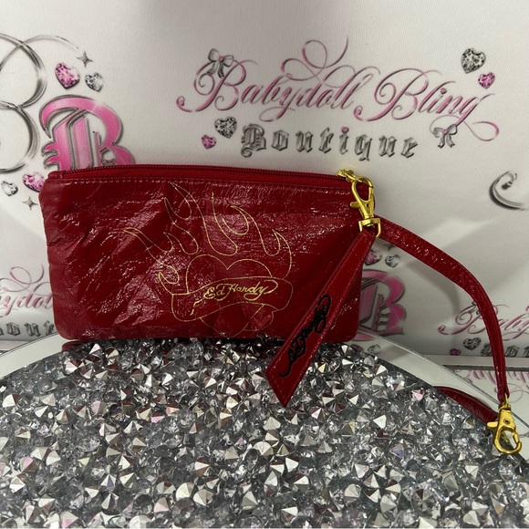 Ed hardy bag wristlet pouch red logo print interior tattoo brand don ed hardy - Picture 2 of 9